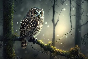 Poster - owl perched on tree branch, watching night forest, created with generative ai