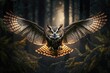 owl flying through dark forest, its eyes shining, created with generative ai