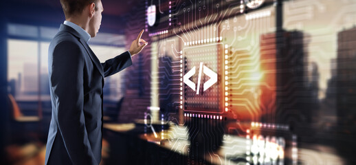 Software developer programming code. Abstract computer background
