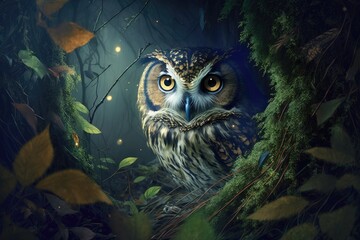 Poster - owl peeking its head out of the night forest, watching for prey, created with generative ai