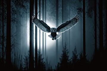 Poster - owl flying through moonlit forest, its wingspan casting shadows on the trees, created with generative ai