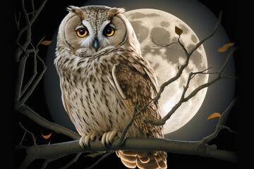 Poster - owl sitting on tree branch, its eyes shining in the moonlight, created with generative ai