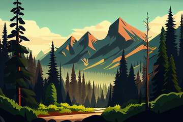 Wall Mural - Vector mountain and forrest landscape in a daylight. Generative Ai