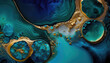 © RocknRoller Studios - Beautiful Teal and Blue Paint Swirls with Gold Glitter. Modern Art Wallpaper. Generative AI.