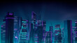 © RocknRoller Studios - Sci-fi Cityscape with Purple and Cyan Neon lights. Night scene with Futuristic Architecture.