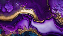 Contemporary Marbling Background. Liquid Swirls In Beautiful Purple And Black Colors, With Gold Powder. Generative AI.