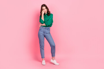 Poster - Full length photo of bored depressed lady dressed fist cheek looking emtpy space isolated pink color background