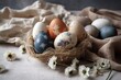 basket filled with fresh eggs on a wooden tabletop. Generative AI