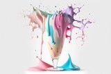 Fototapeta  - Splash multicolored ice cream in a glass bowl. Splash and drops of cream, milkshake. Abstract illustration of pastel colors on a white background. AI generated.