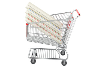 Canvas Print - PVC pipes, composite pipe, uPVC pipe, cPVC pipe inside shopping cart, 3D rendering