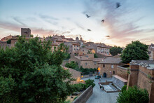 Italy, Lazio, Tuscania, Flock Of Birds Flying Over Medieval Town At Dusk