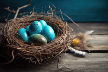 Canvas Print - bird nest with blue eggs on wooden table. Generative AI