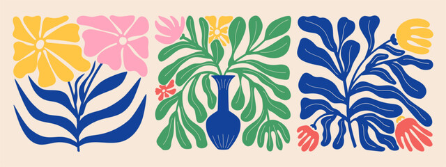 Wall Mural - Groovy doodle and abstract organic plant shapes art set. Matisse floral posters in trendy retro 60s 70s style.