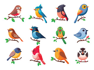 Canvas Print - Collection of Different Birds Icons In Flat Style.