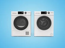 3d Illustration Washing Machine Machine And Clothes Dryer Front View On Blue Background With Shadow