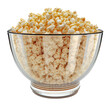 Popcorn flakes in glass bowl. Png 3d realistic transparent cup full of pop corn snack seeds isolated on white background. Tasty food, cinema or movie theater, dessert and fastfood meal, clipart
