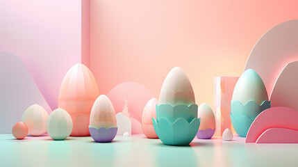 Wall Mural - Modern futuristic Easter poster and banner template with Easter eggs on light background, Greetings for Easter Day. Generative AI content