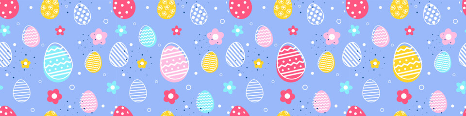 Wall Mural - Easter egg with flowers on blue background. Design of a seamless pattern. Banner. Vector illustration