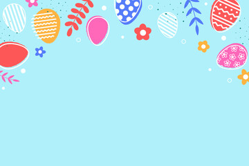 Wall Mural - Colourful Easter eggs and flowers on blue background. Modern design. Vector illustration