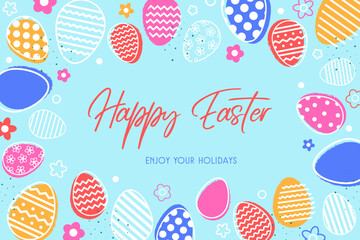 Wall Mural - Pastel coloured Easter greeting card with eggs and flowers. Cartoon style design. Vector illustration