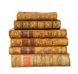 Wall Mural - Pile of antique books with a leather cover and golden ornaments on white
