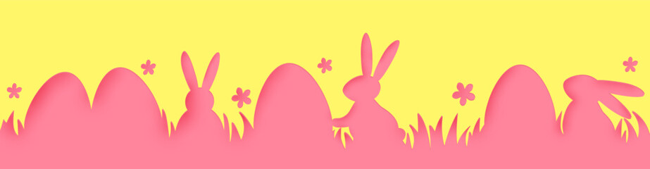 Wall Mural - Easter background with paper cut eggs and rabbits. Minimal layout design. Banner. Vector illustration