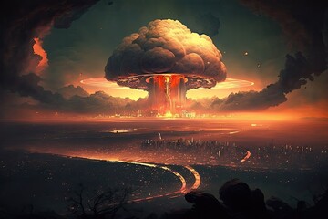 Wall Mural - nuclear explosion, with sprawling metropolis in the background, shrouded in smoke and flames, created with generative ai