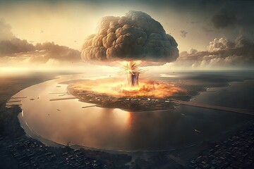 Wall Mural - helicopter view of nuclear explosion's mushroom cloud rising over city, with smoke and flames visible, created with generative ai