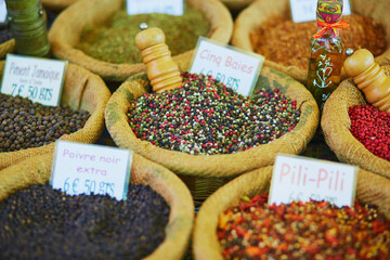 Wall Mural - Different kinds of spices and dry herbs on a farmer market in Cucuron, Provence, France