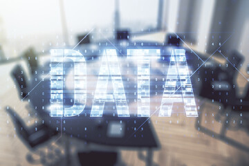 Wall Mural - virtual data word sign hologram on a modern conference room background. multiexposure