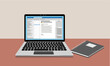 Laptop with an open email application and a physical notebook. Simplified flat style. Vector Illustration