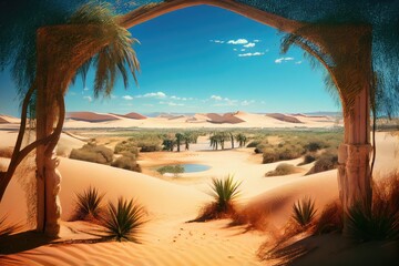 Canvas Print - oasis with view of distant sand dunes and blue skies, created with generative ai