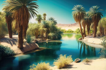 Poster - oasis with lush palm trees and clear blue water in the middle of a hot desert, created with generative ai