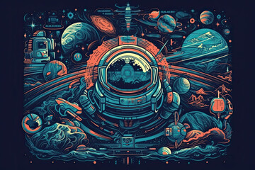 Space, science fiction, future. Vector retro illustrations of astronaut, galaxy, planet, moon, space objects for poster, background or cover