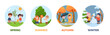 © sabelskaya - Four seasons banners or badges set with children playing, flat vector isolated.