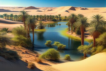 Canvas Print - oasis with palm trees and clear blue water surrounded by sand dunes, created with generative ai