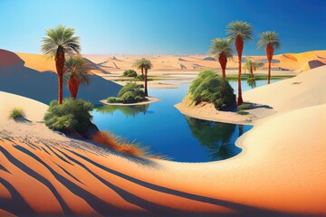 Sticker - oasis with palm trees and clear blue water surrounded by sand dunes, created with generative ai