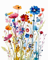 Abstract art. Colorful painting art of a spring flower meadow on white background. Generative AI.