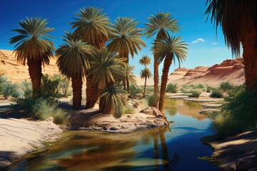 Canvas Print - oasis with palm trees and clear blue skies, surrounded by desert landscape, created with generative ai