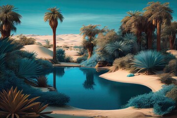 Wall Mural - oasis with blue pool and palm trees, surrounded by dunes, created with generative ai