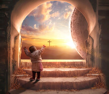 Easter And Good Friday Concept, A Child Standing With Empty Tomb Of Jesus Christ At Cross On Sunset Background