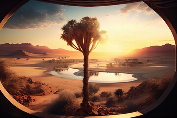 Wall Mural - oasis, with view of the sun setting over desert landscape, bringing cooler temperatures, created with generative ai