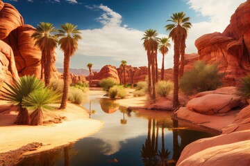 Canvas Print - desert oasis with palm trees and babbling brook surrounded by towering red rock formations, created with generative ai