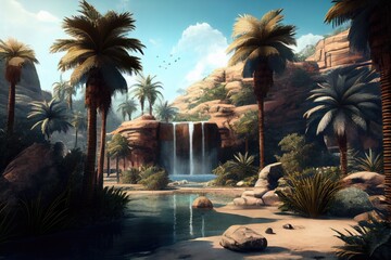 Sticker - oasis with waterfall, surrounded by greenery and palm trees, created with generative ai