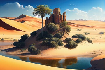 Sticker - oasis surrounded by towering dunes, with rolling waves of sand, created with generative ai