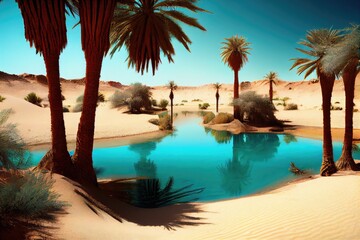 Canvas Print - oasis with palm trees and clear blue water, surrounded by barren desert landscape, created with generative ai