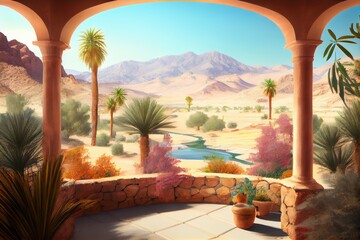 Sticker - oasis, with view of the desert and distant mountains, providing a peaceful escape from the heat, created with generative ai