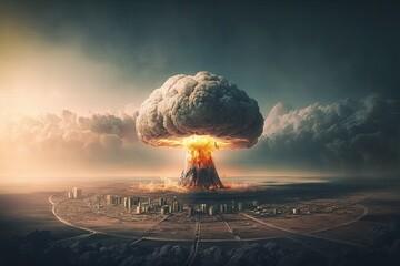 Poster - aerial view of mushroom cloud from nuclear bomb explosion, with city in the background, created with generative ai