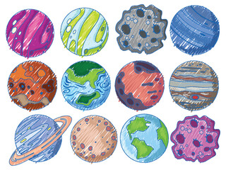 Sticker - Space Objects in Pencil Colour Sketch Simple Style