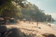 Ein von Touristen belebter Strand in einer Bucht. Sonnenschirme und Natürliche Schattenplätze. Generative AI.